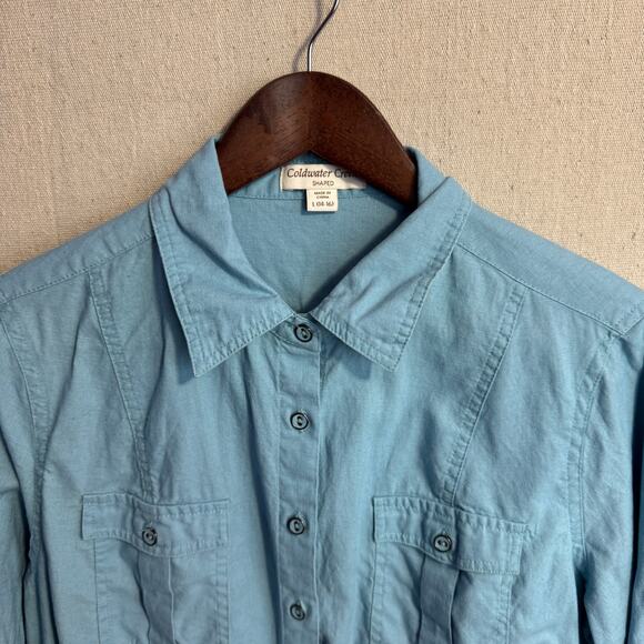 Coldwater Creek Shirt Size L 14 16 Blue Linen Blend Button Up Adjustable Sleeves - Picture 2 of 12